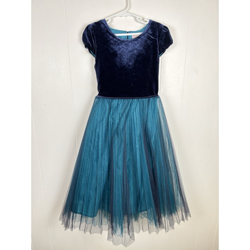 Biscotti Navy Blue Velvet Turquoise‎ Tulle Formal Dress Girls Size 8 Flower Girl